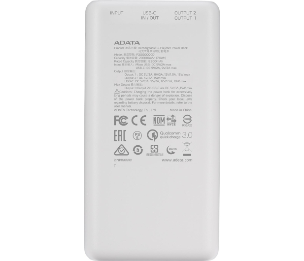 ADATA Power Bank P20000QCD 20000mAh biały - 645543 - zdjęcie 4